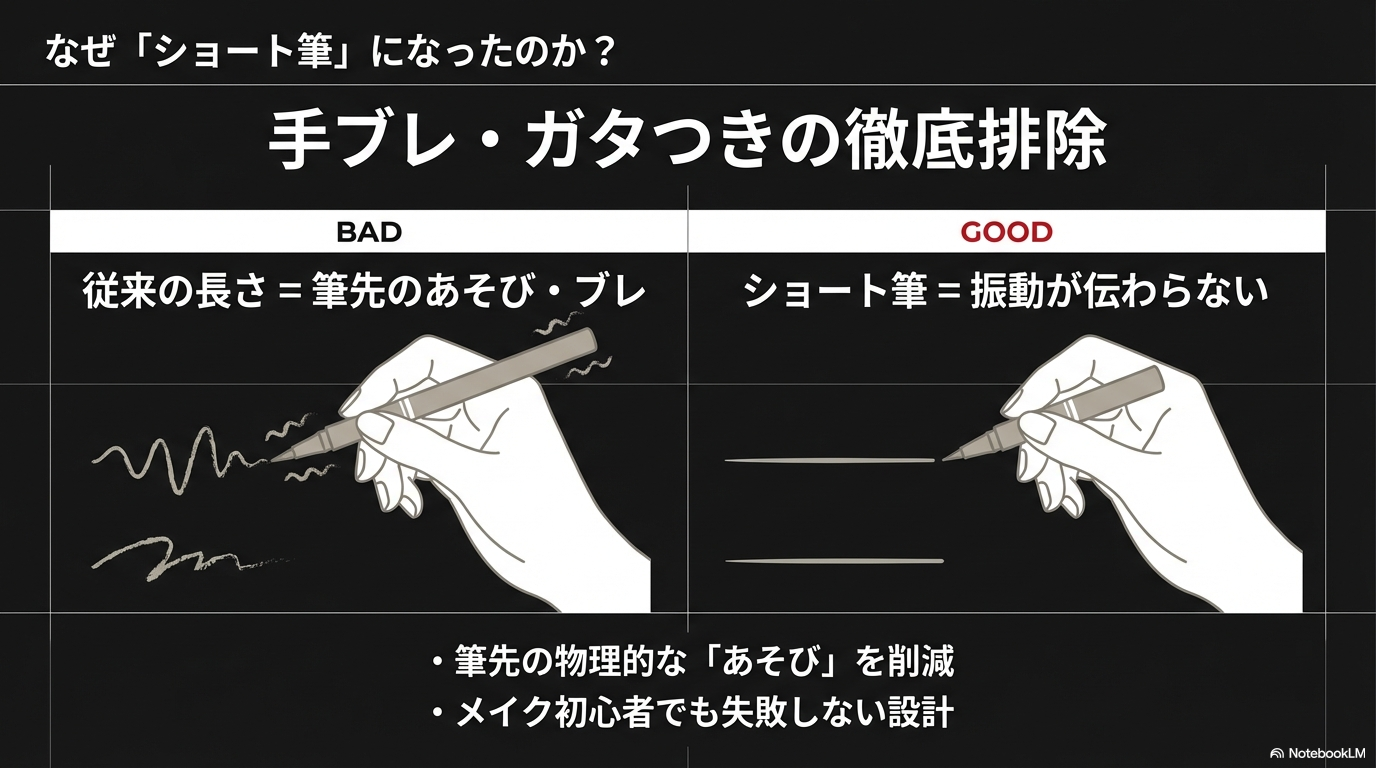 ショート筆が手ブレしない理由 従来の長い筆だと発生しやすい筆先のあそびやブレを、ショート筆にすることで物理的に排除し、振動が伝わらない設計にした解説図です。