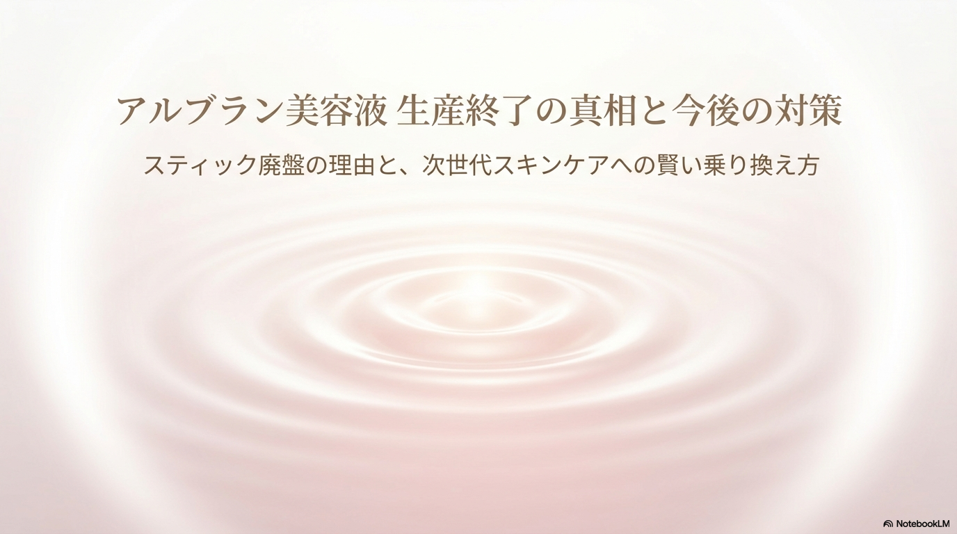 アルブラン美容液の生産終了の真相と、次世代スキンケアへの賢い乗り換え方を解説するスライドの表紙です。