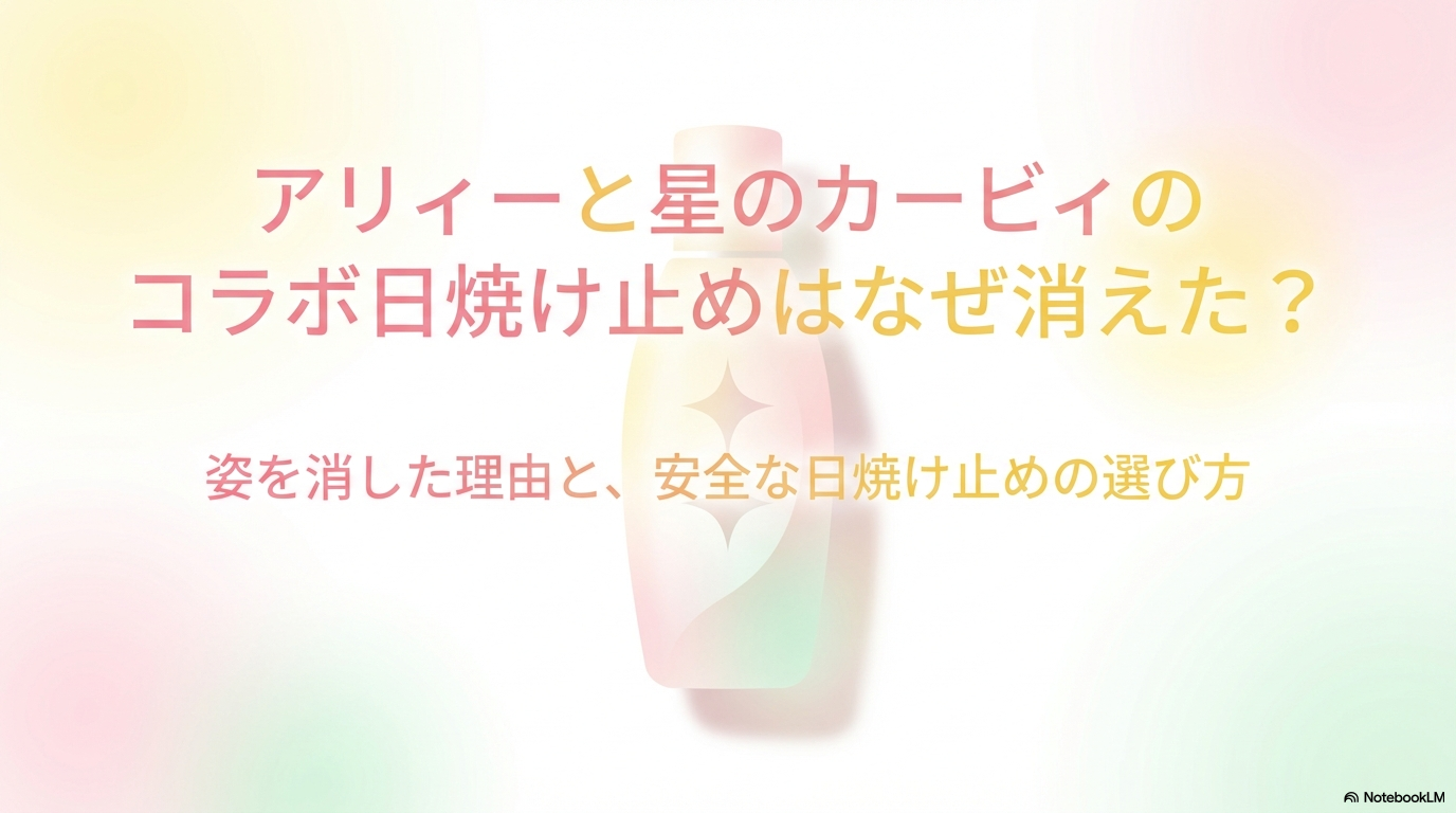 アリィーと星のカービィのコラボ日焼け止めがお店から消えた理由と、安全な日焼け止めの選び方について解説するスライドの表紙です。