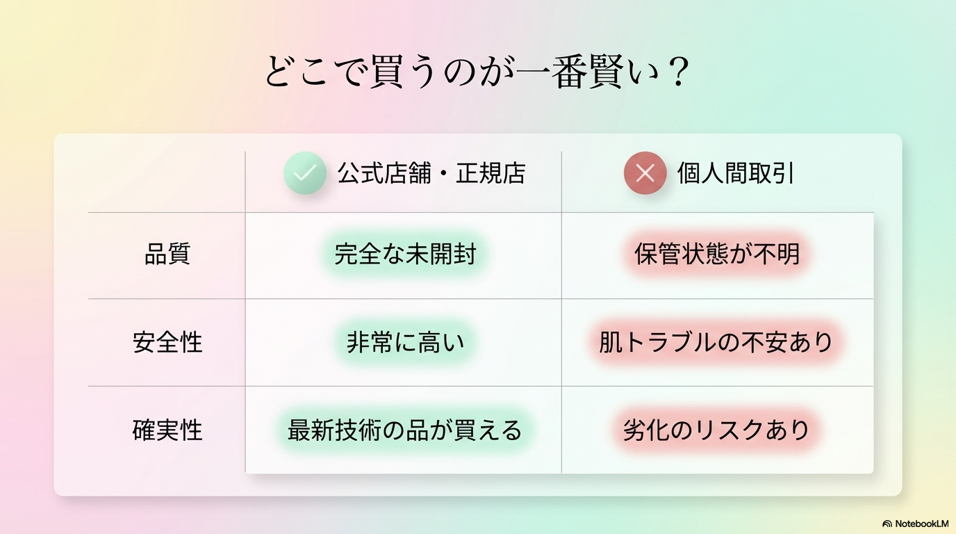 公式店舗と個人間取引における品質、安全性、確実性の違いを比較し、正規店での購入が最も安心であることを示す比較表です。