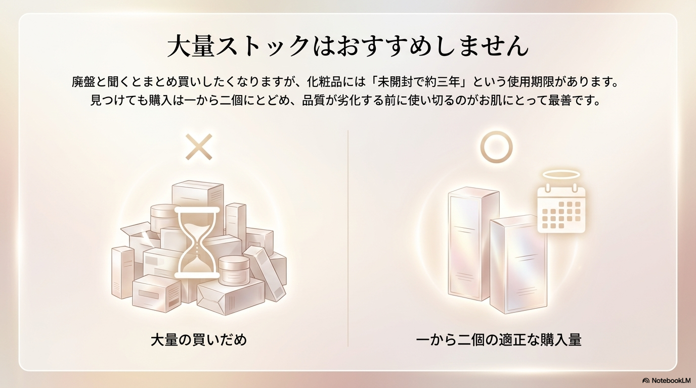化粧品には使用期限があるため、見つけても大量にまとめ買いせず、1〜2個にとどめて品質が落ちる前に使い切ることをおすすめしています。