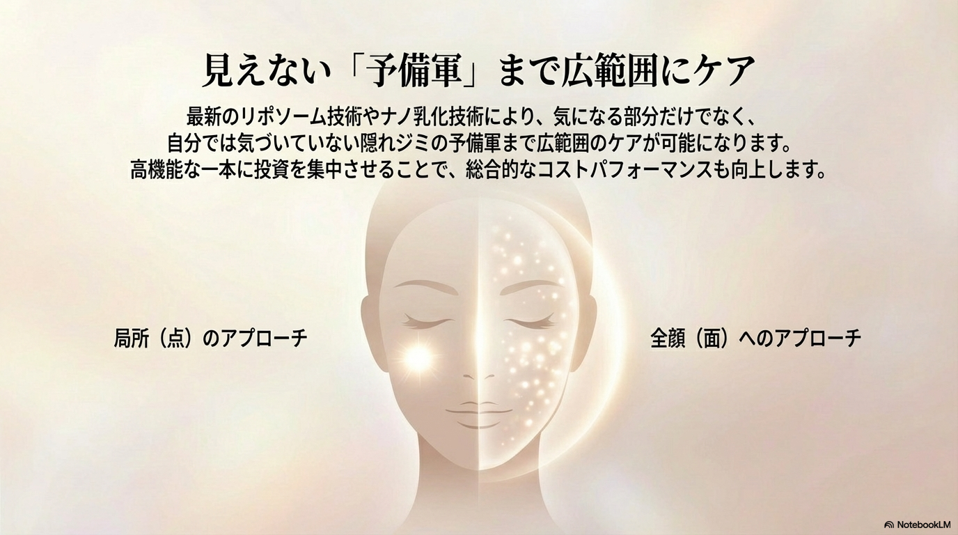 最新技術によって、気になる部分だけでなく見えないシミの予備軍まで広範囲にケアできることを説明しています。