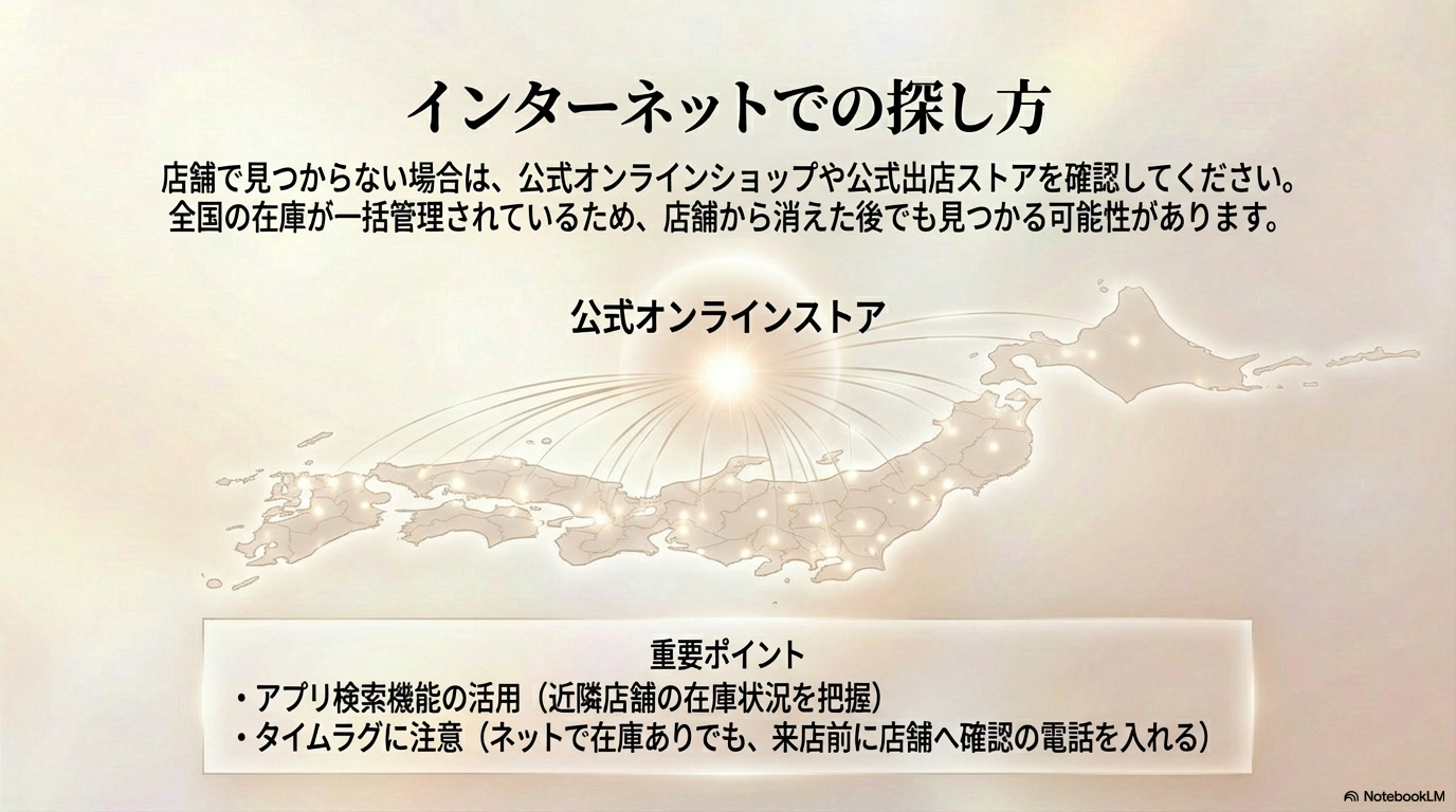 店舗で見つからない場合は、全国の在庫が管理されている公式オンラインストアを探すのがおすすめであると説明しています。