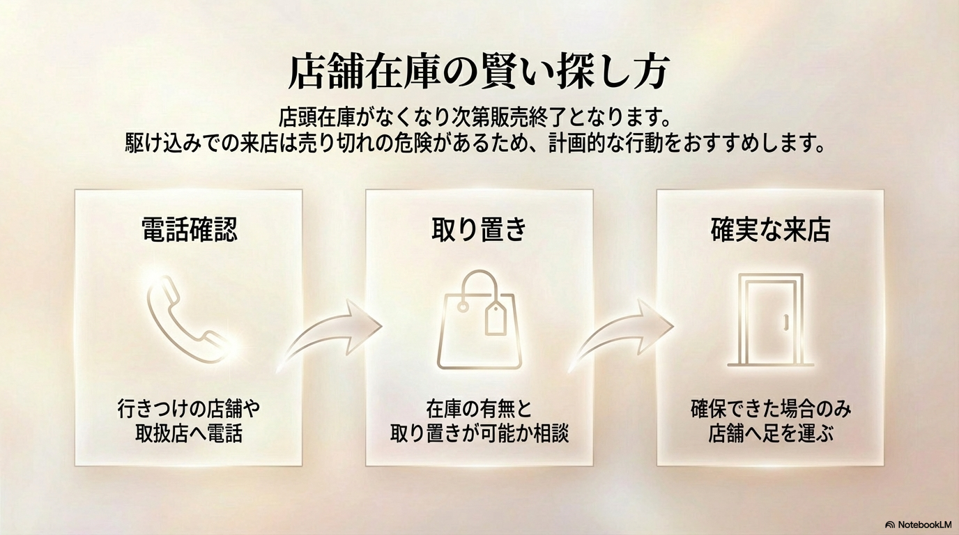 店舗に行く前に電話で在庫確認と取り置きをお願いし、確実に買える状態で足を運ぶという探し方のコツです。