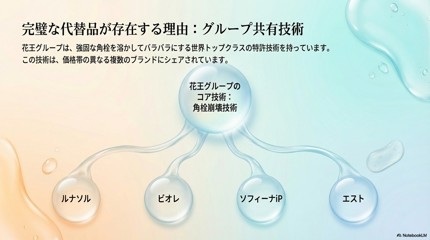 世界トップクラスの特許技術である角栓崩壊技術が、ルナソルだけでなくビオレやエストなど複数のブランドで共有されていることを示した図です。