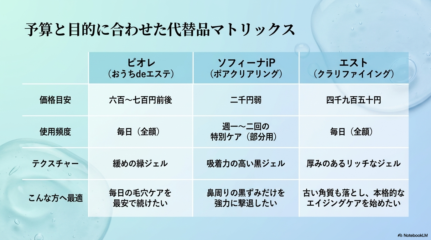 ビオレ、ソフィーナiP、エストの3ブランドについて、価格目安や使用頻度、おすすめの肌悩みを一目で比較できるマトリックス表です。