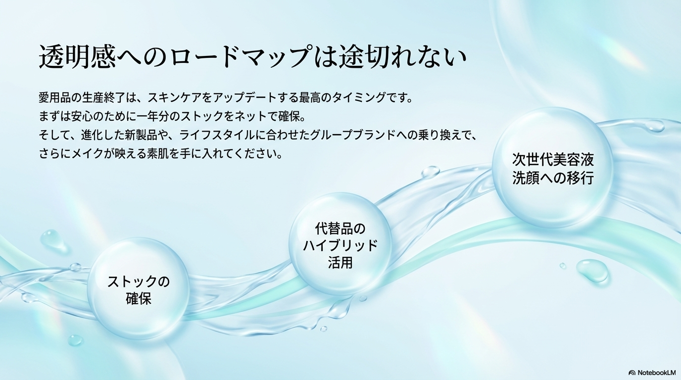 ストックの確保から新製品への移行、代替品の活用まで、愛用品の終了を機にスキンケアをアップデートするためのまとめスライドです。