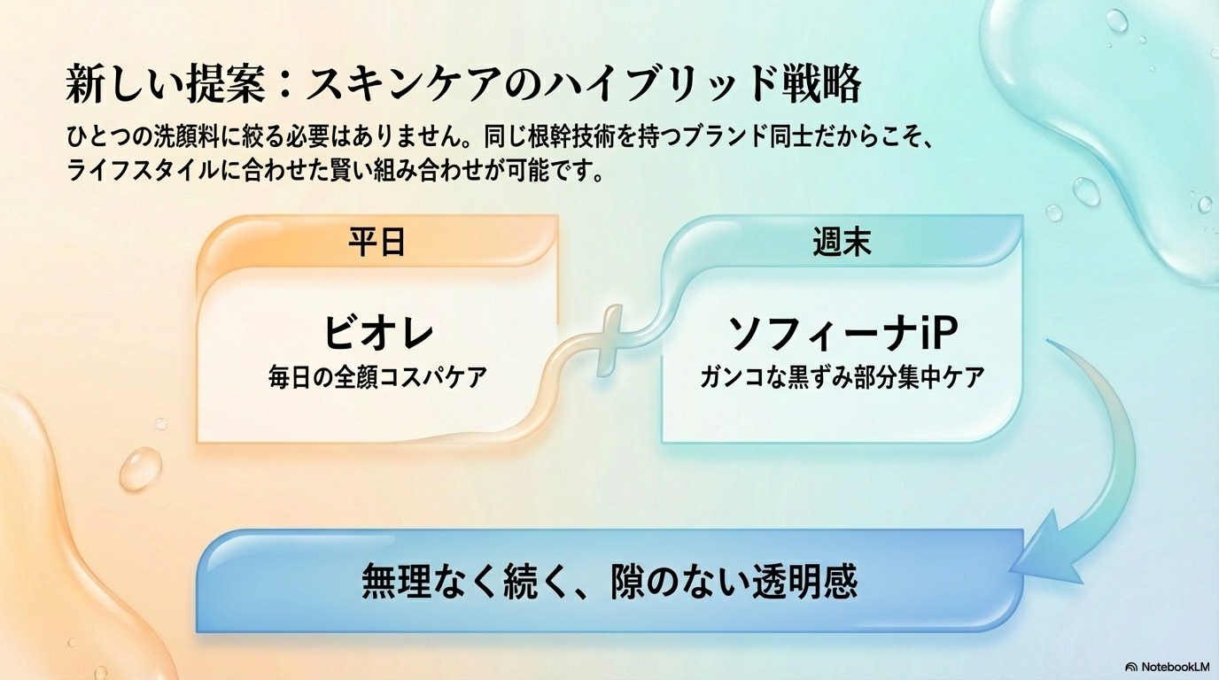 平日はコスパの良いビオレで全顔をケアし、週末はソフィーナiPで頑固な黒ずみを集中ケアする、無理なく続けられる賢い使い分けの提案です。